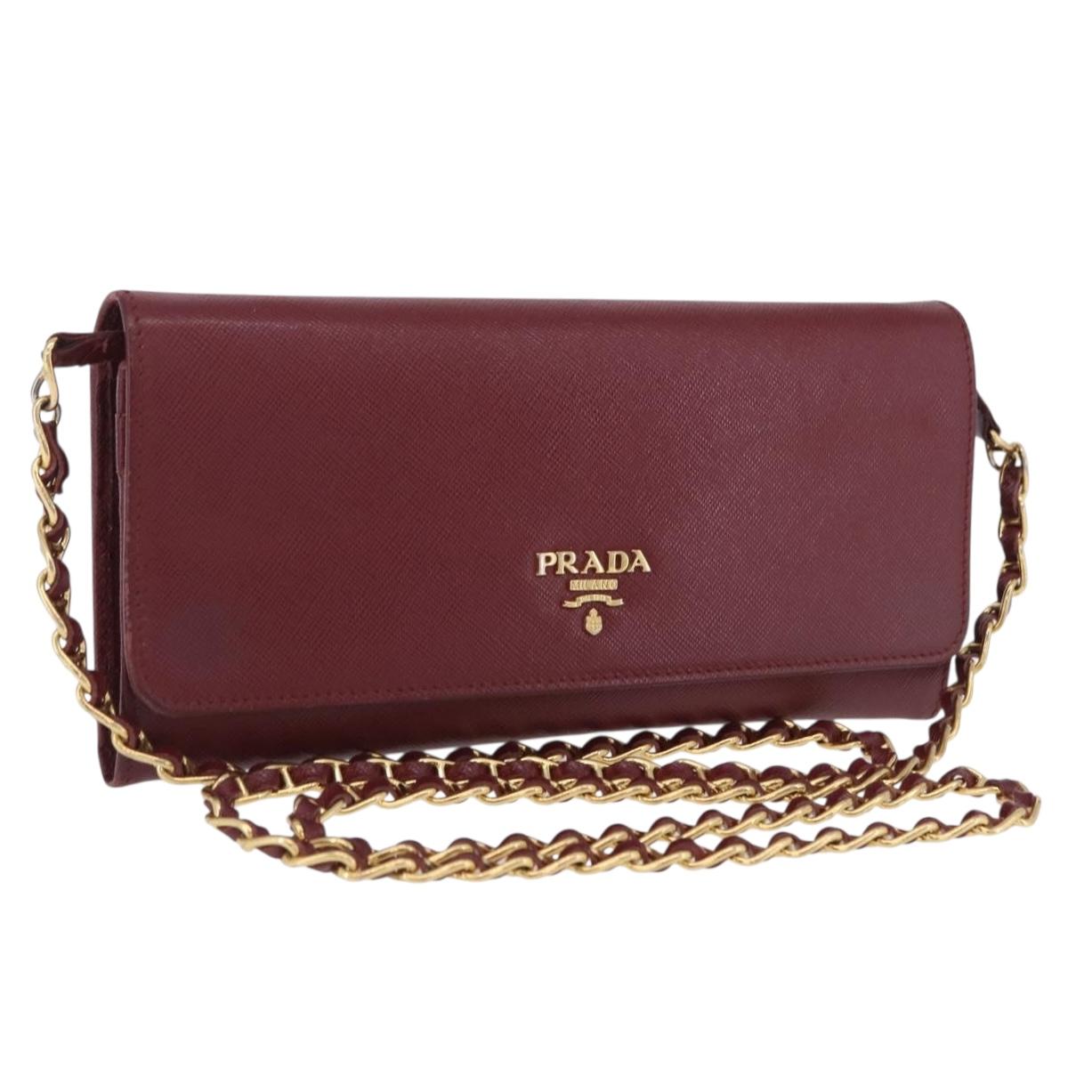 PRADA Chain Shoulder Wallet Saffiano Red Gold Tone Auth ka6091
