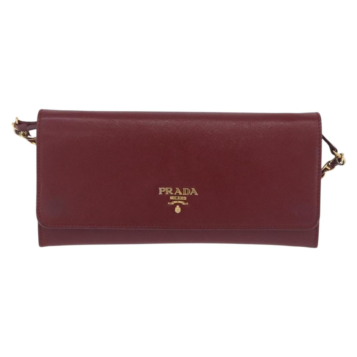 PRADA Chain Shoulder Wallet Saffiano Red Gold Tone Auth ka6091