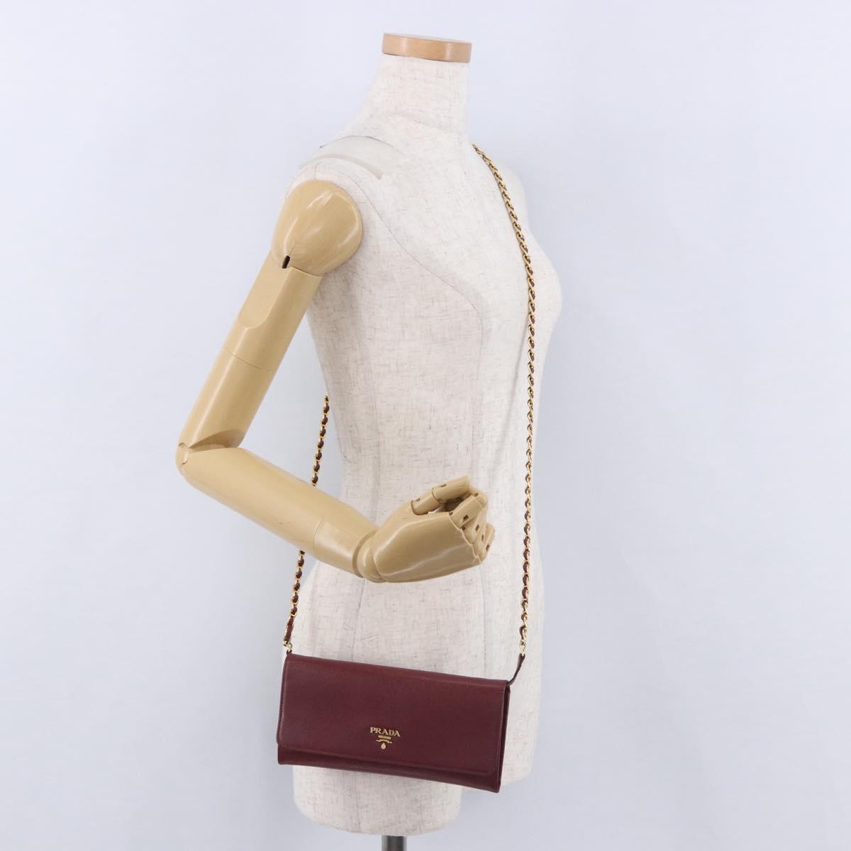 PRADA Chain Shoulder Wallet Saffiano Red Gold Tone Auth ka6091