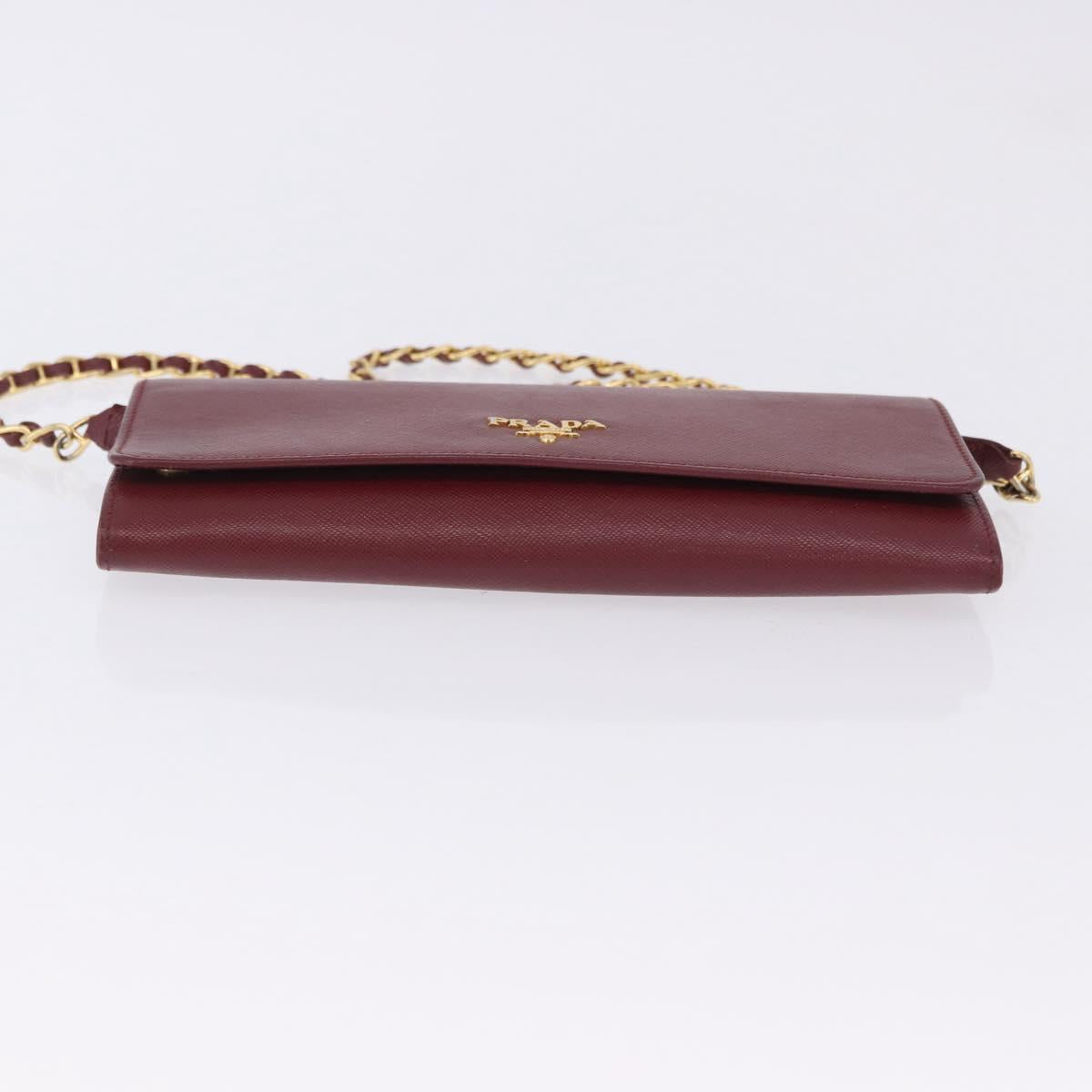 PRADA Chain Shoulder Wallet Saffiano Red Gold Tone Auth ka6091