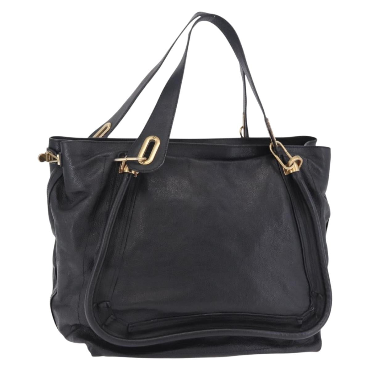 Chloe Paraty Hand Bag Leather Black Gold Tone Auth ka6106