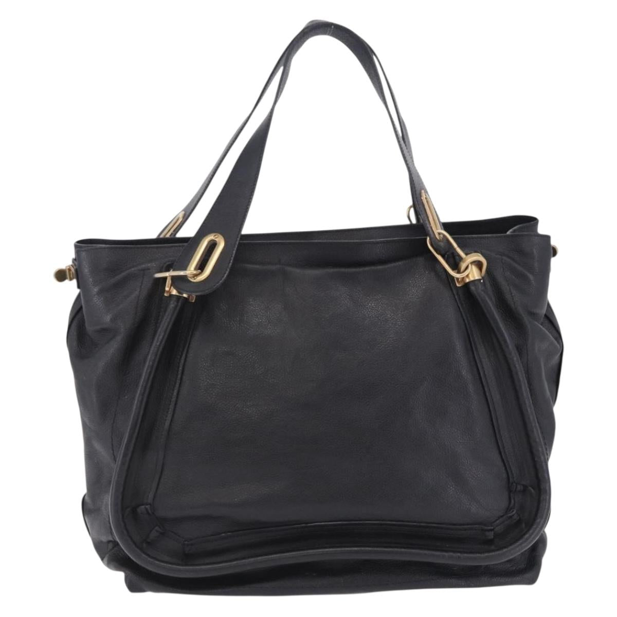 Chloe Paraty Hand Bag Leather Black Gold Tone Auth ka6106