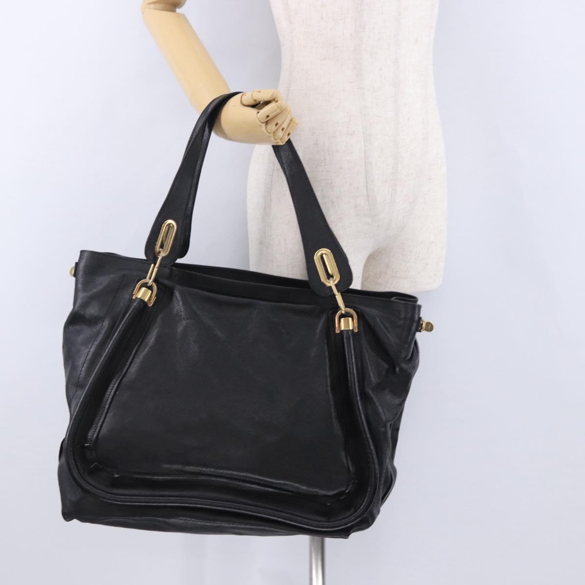 Chloe Paraty Hand Bag Leather Black Gold Tone Auth ka6106