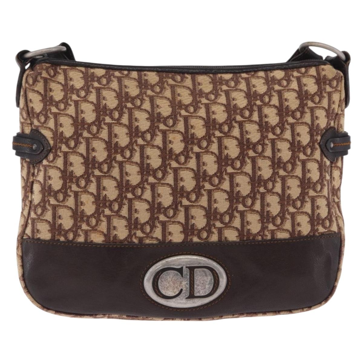 Christian Dior Trotter Canvas Shoulder Bag Beige Silver Auth ka6123A