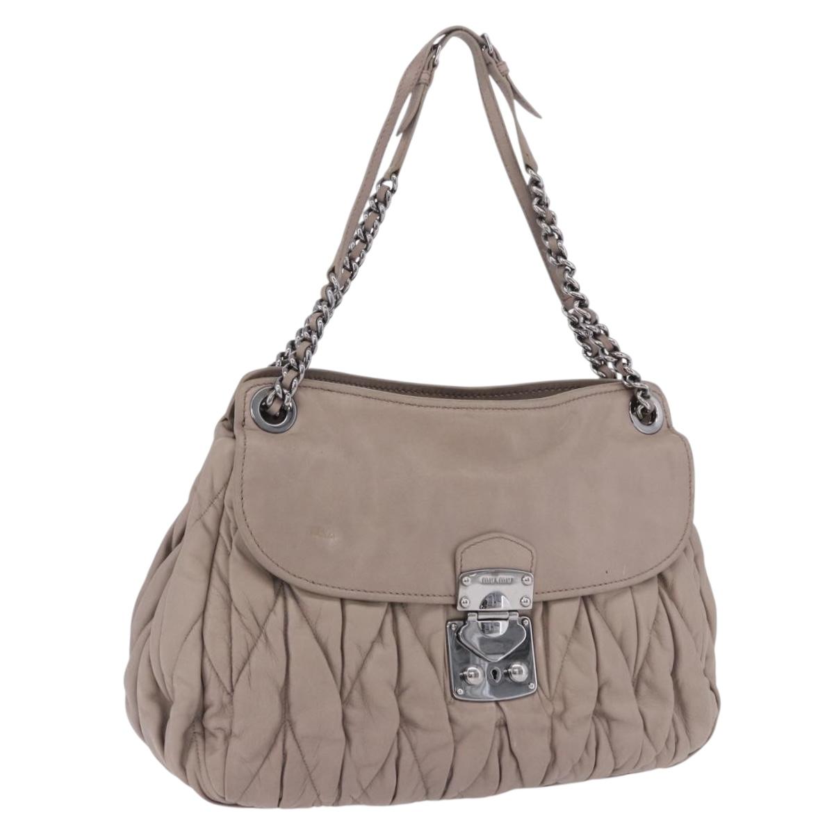 Miu Miu Matelasse Chain Shoulder Bag Leather Beige Silver Auth ka6124M