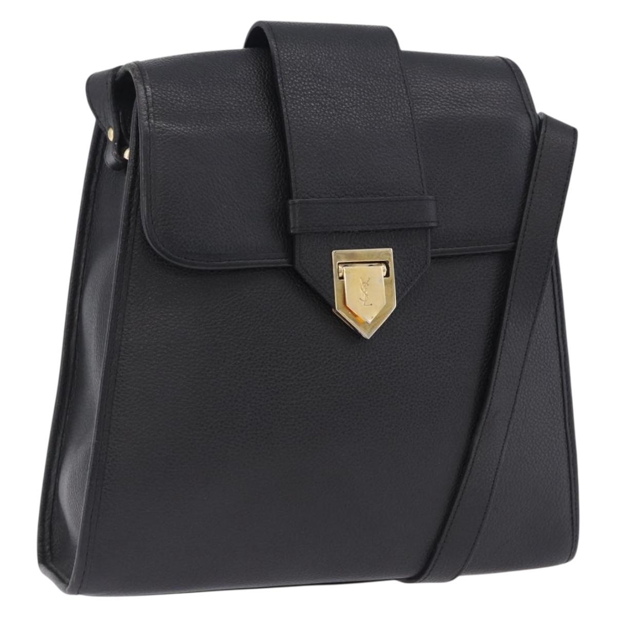 SAINT LAURENT Shoulder Bag Leather Black Gold Tone Auth ka6131