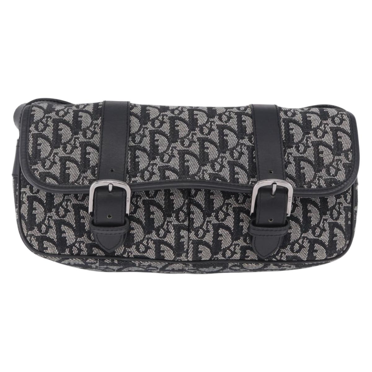 Christian Dior Trotter Canvas Shoulder Bag Black Silver Auth ka6139V