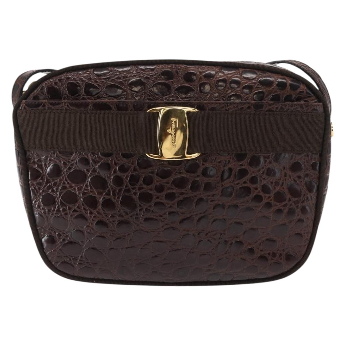 Salvatore Ferragamo Vala Shoulder Bag Embossed Leather Brown Gold Auth ka614