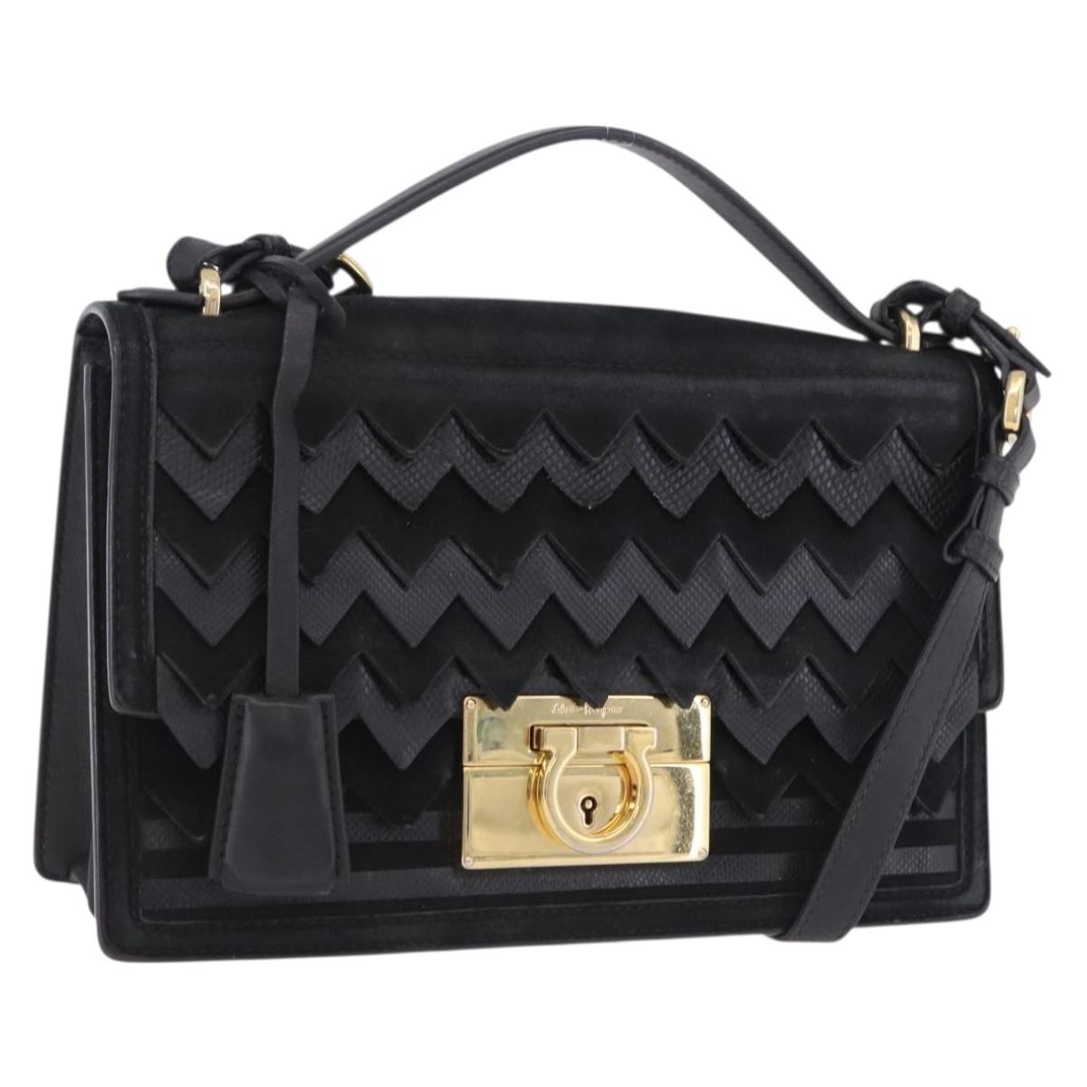 Salvatore Ferragamo Gancini Hand Bag Suede 2way Black Gold Tone Auth ka6147