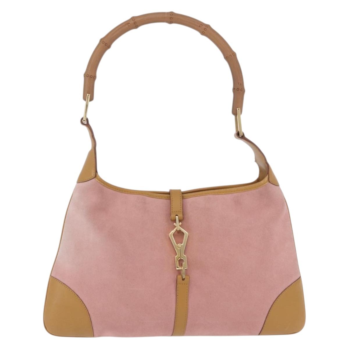 GUCCI Jackie Bamboo Hand Bag Suede Pink Gold Tone 001 4060 Auth ka6156