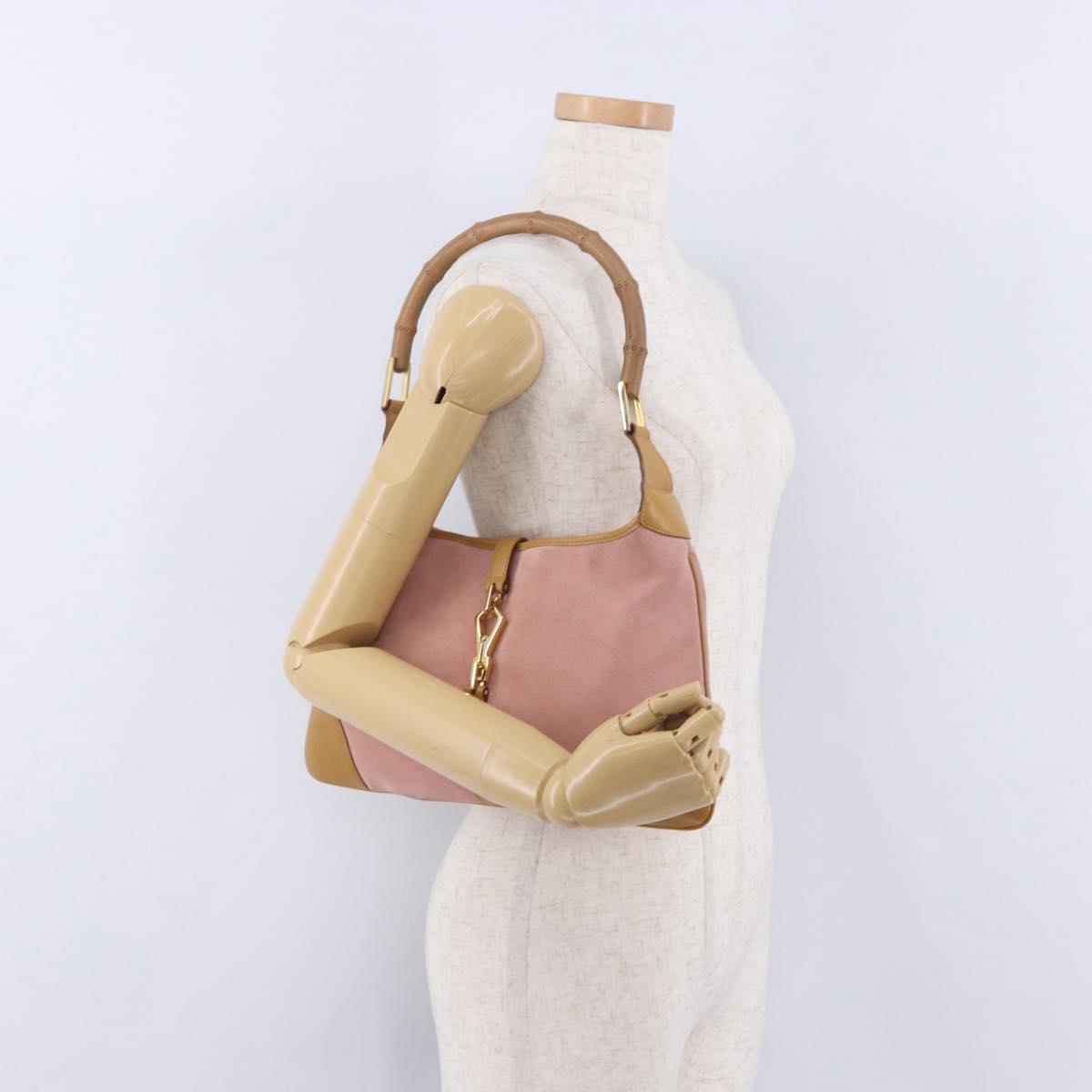 GUCCI Jackie Bamboo Hand Bag Suede Pink Gold Tone 001 4060 Auth ka6156