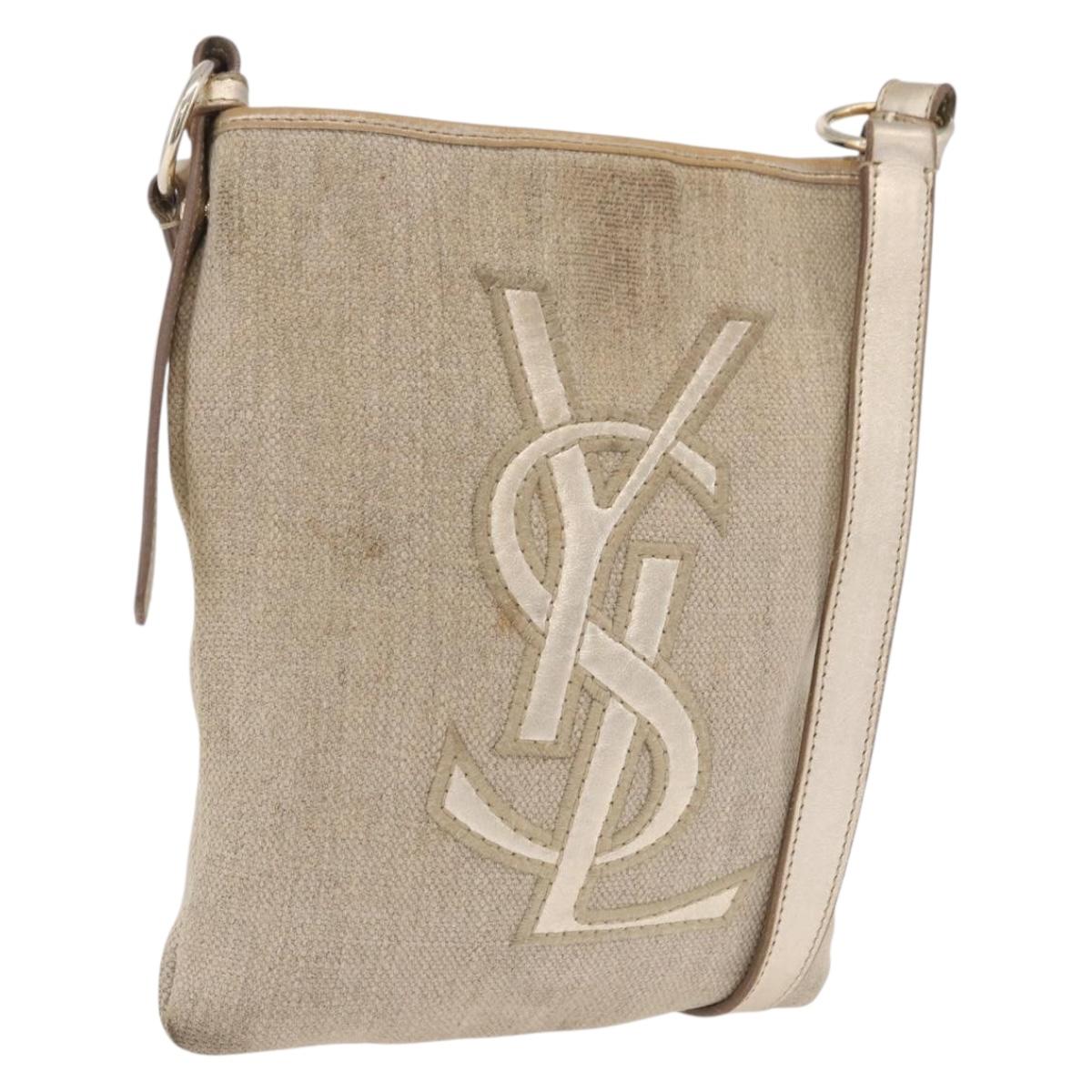 SAINT LAURENT Shoulder Bag Canvas Beige Gold Tone Auth ka6165