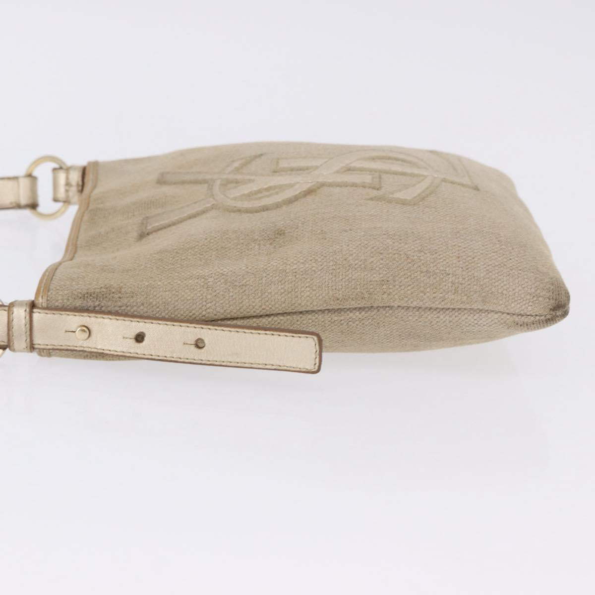 SAINT LAURENT Shoulder Bag Canvas Beige Gold Tone Auth ka6165