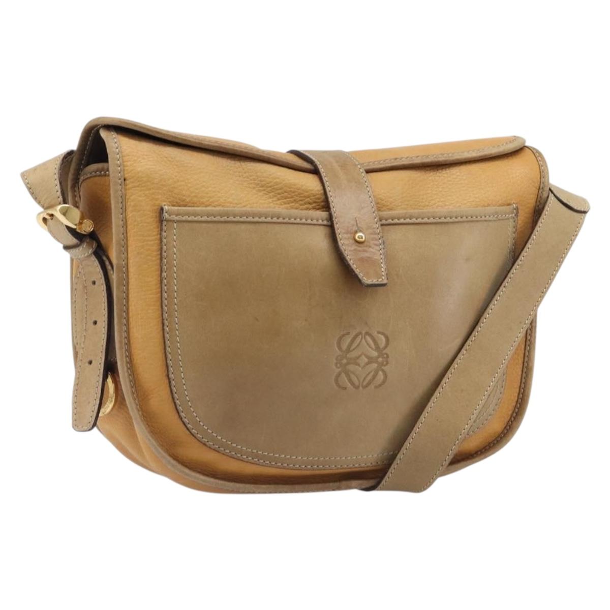 LOEWE Shoulder Bag Leather Beige Gold Tone Auth ka6169