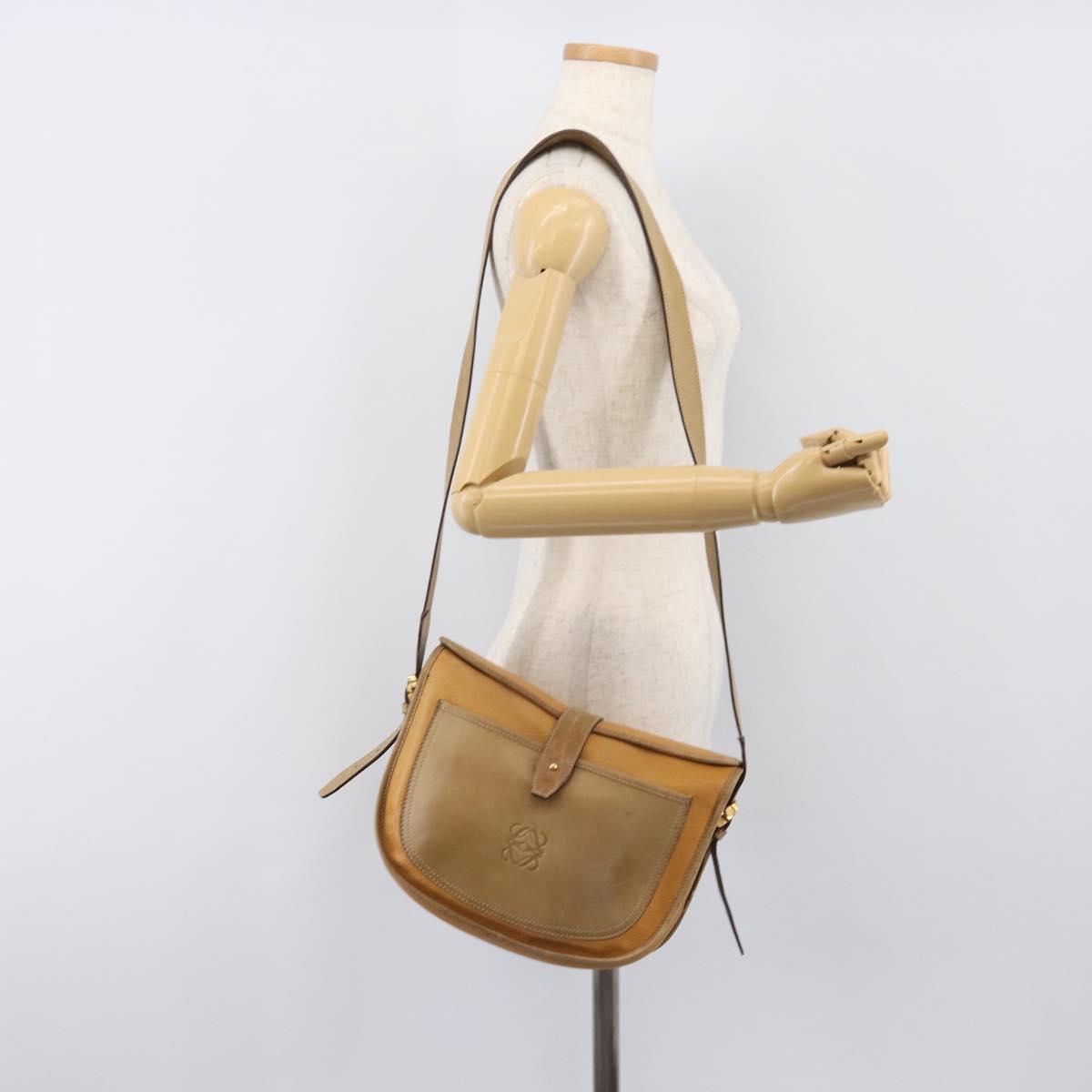 LOEWE Shoulder Bag Leather Beige Gold Tone Auth ka6169