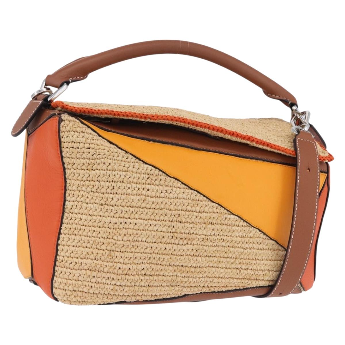 LOEWE Puzzle Bag Hand Bag Raffia Leather 2way Beige Silver Auth ka6171M