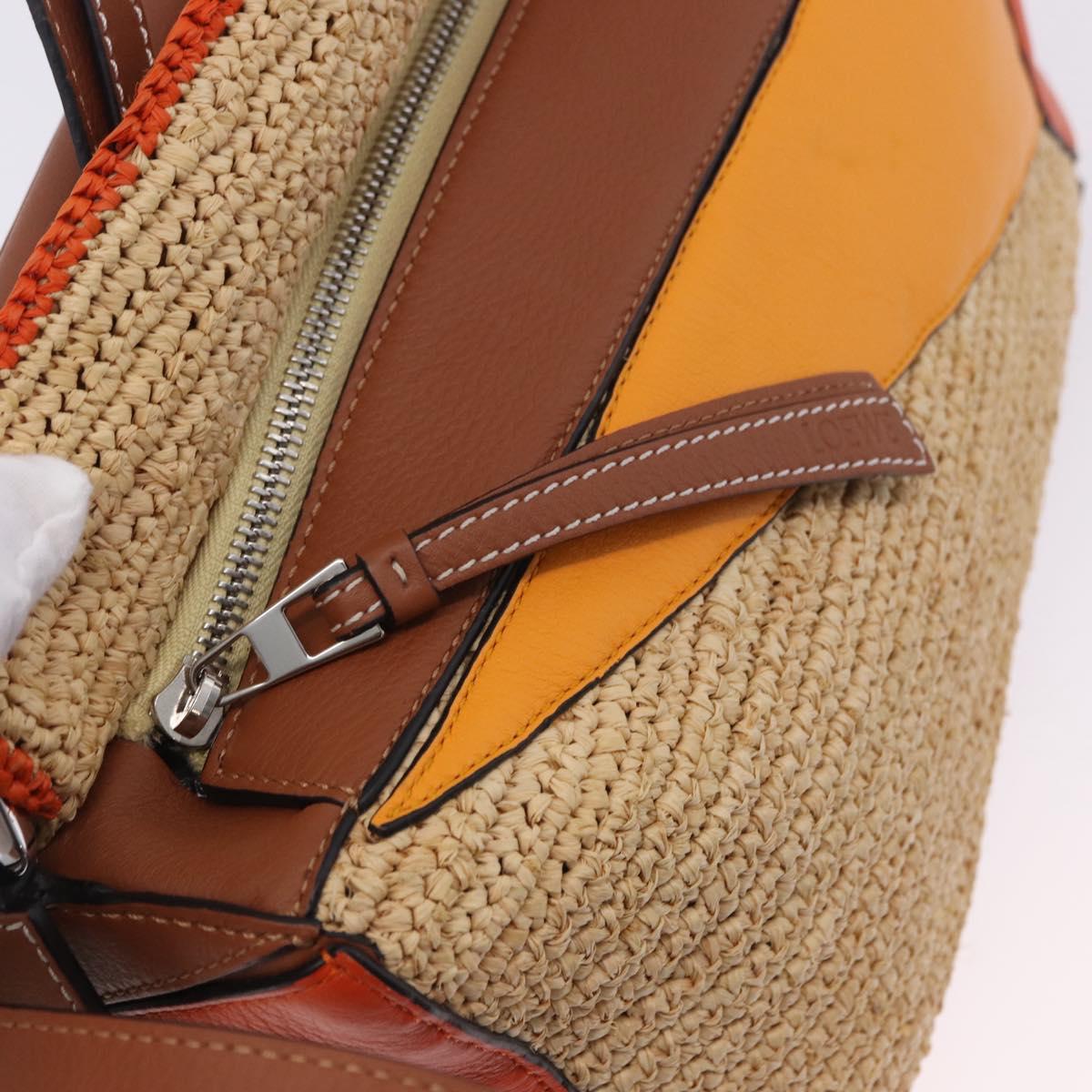 LOEWE Puzzle Bag Hand Bag Raffia Leather 2way Beige Silver Auth ka6171M