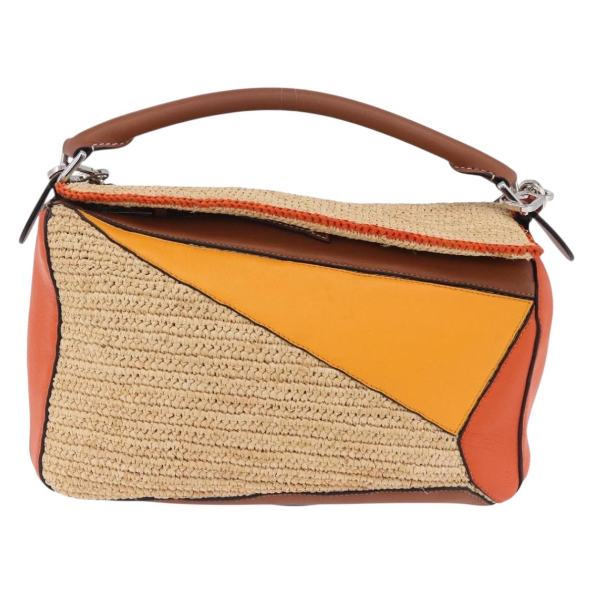 LOEWE Puzzle Bag Hand Bag Raffia Leather 2way Beige Silver Auth ka6171M