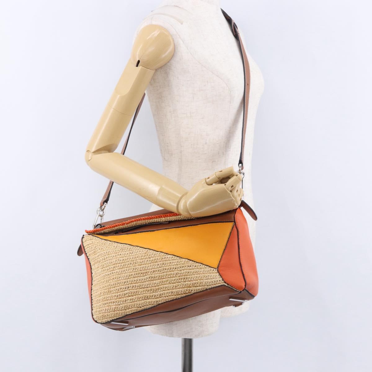 LOEWE Puzzle Bag Hand Bag Raffia Leather 2way Beige Silver Auth ka6171M