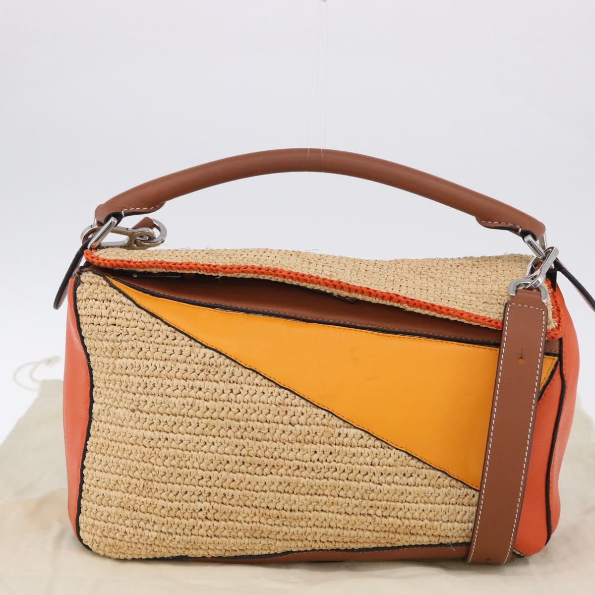 LOEWE Puzzle Bag Hand Bag Raffia Leather 2way Beige Silver Auth ka6171M