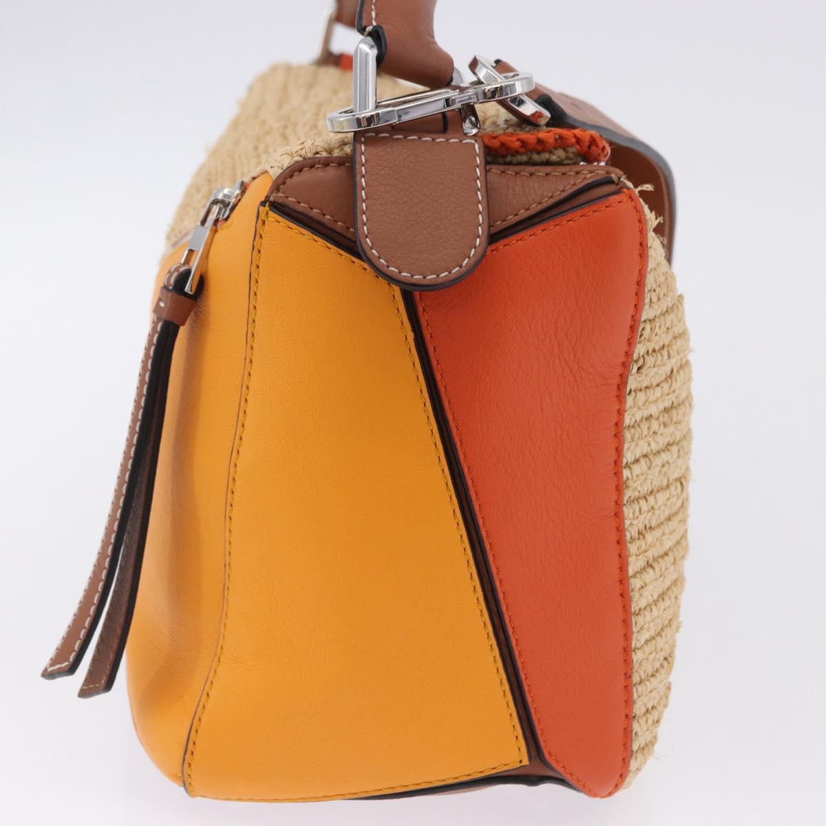 LOEWE Puzzle Bag Hand Bag Raffia Leather 2way Beige Silver Auth ka6171M