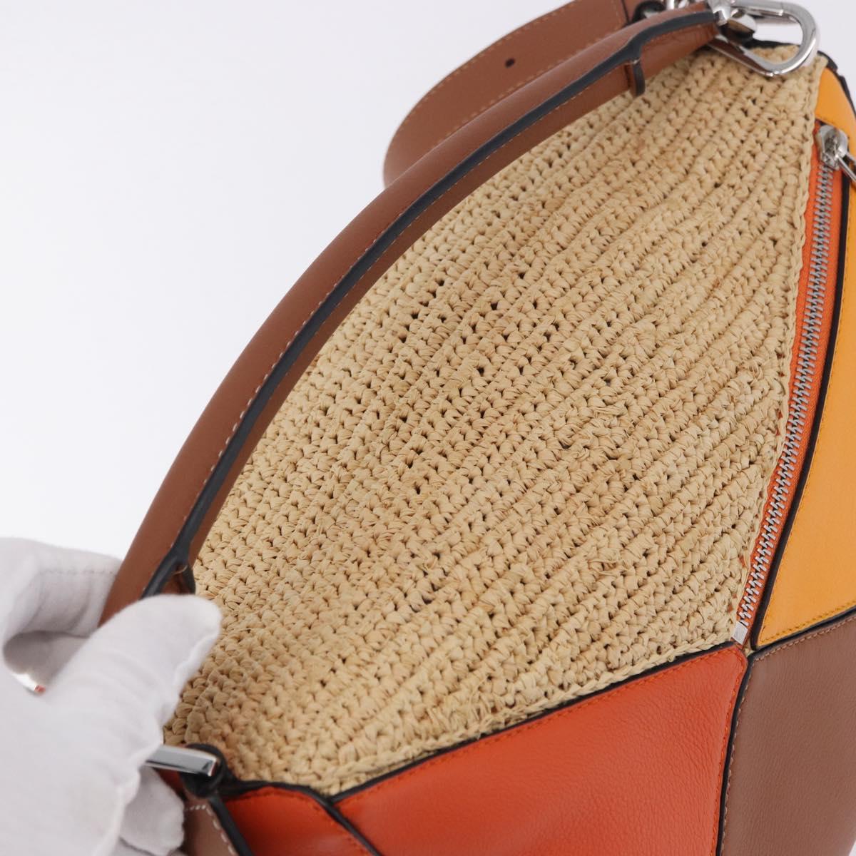 LOEWE Puzzle Bag Hand Bag Raffia Leather 2way Beige Silver Auth ka6171M