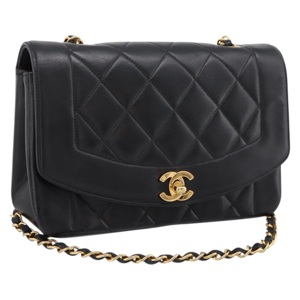 CHANEL Diana Chain Shoulder Bag Lamb Skin Black Gold Tone CC Auth ka6172SAV