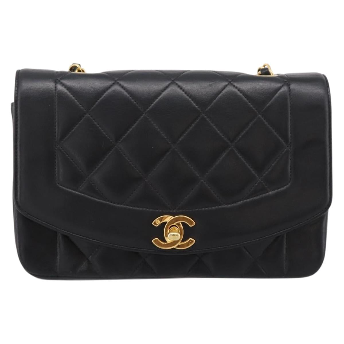 CHANEL Diana Chain Shoulder Bag Lamb Skin Black Gold Tone CC Auth ka6172SAV