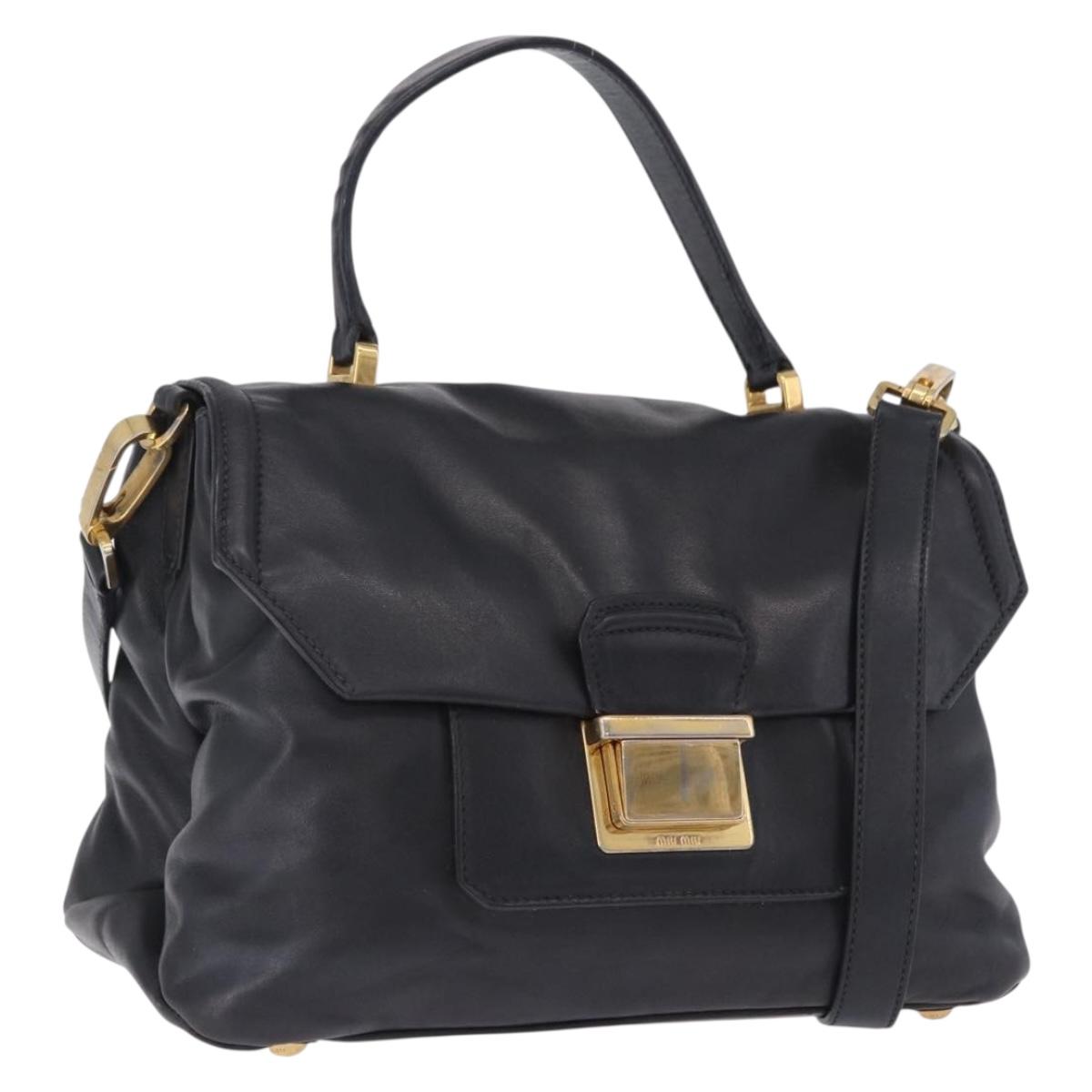 Miu Miu Hand Bag Leather 2way Black Gold Tone Auth ka6192A