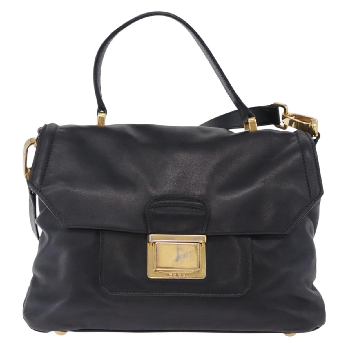 Miu Miu Hand Bag Leather 2way Black Gold Tone Auth ka6192A