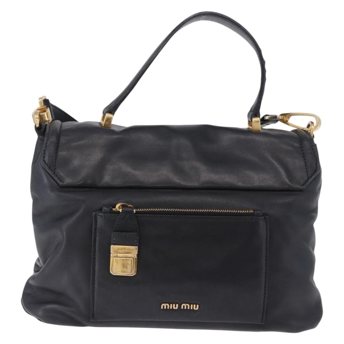 Miu Miu Hand Bag Leather 2way Black Gold Tone Auth ka6192A