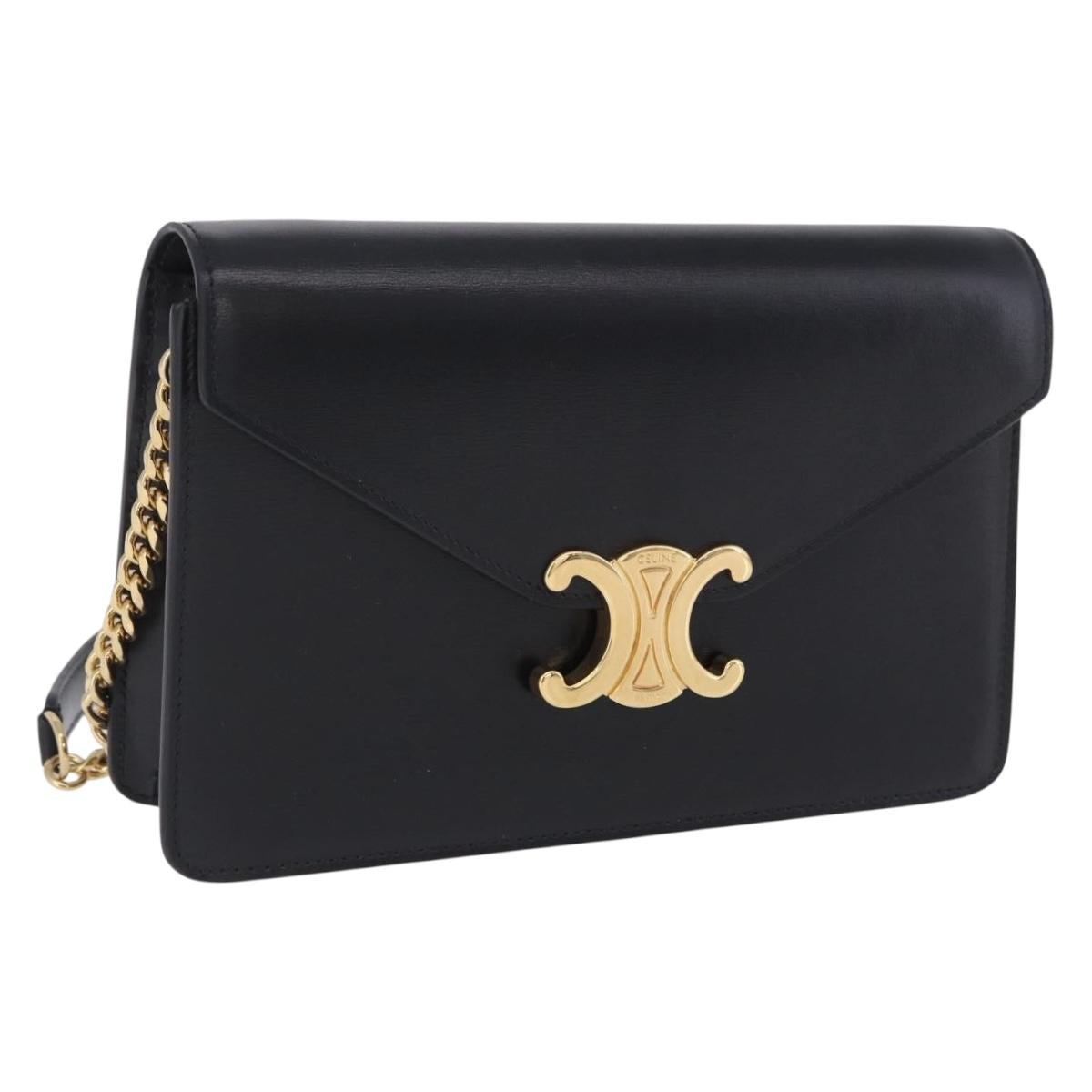 CELINE Triomphe Chain Shoulder Bag Leather Black Gold Tone Auth ka6199SAM