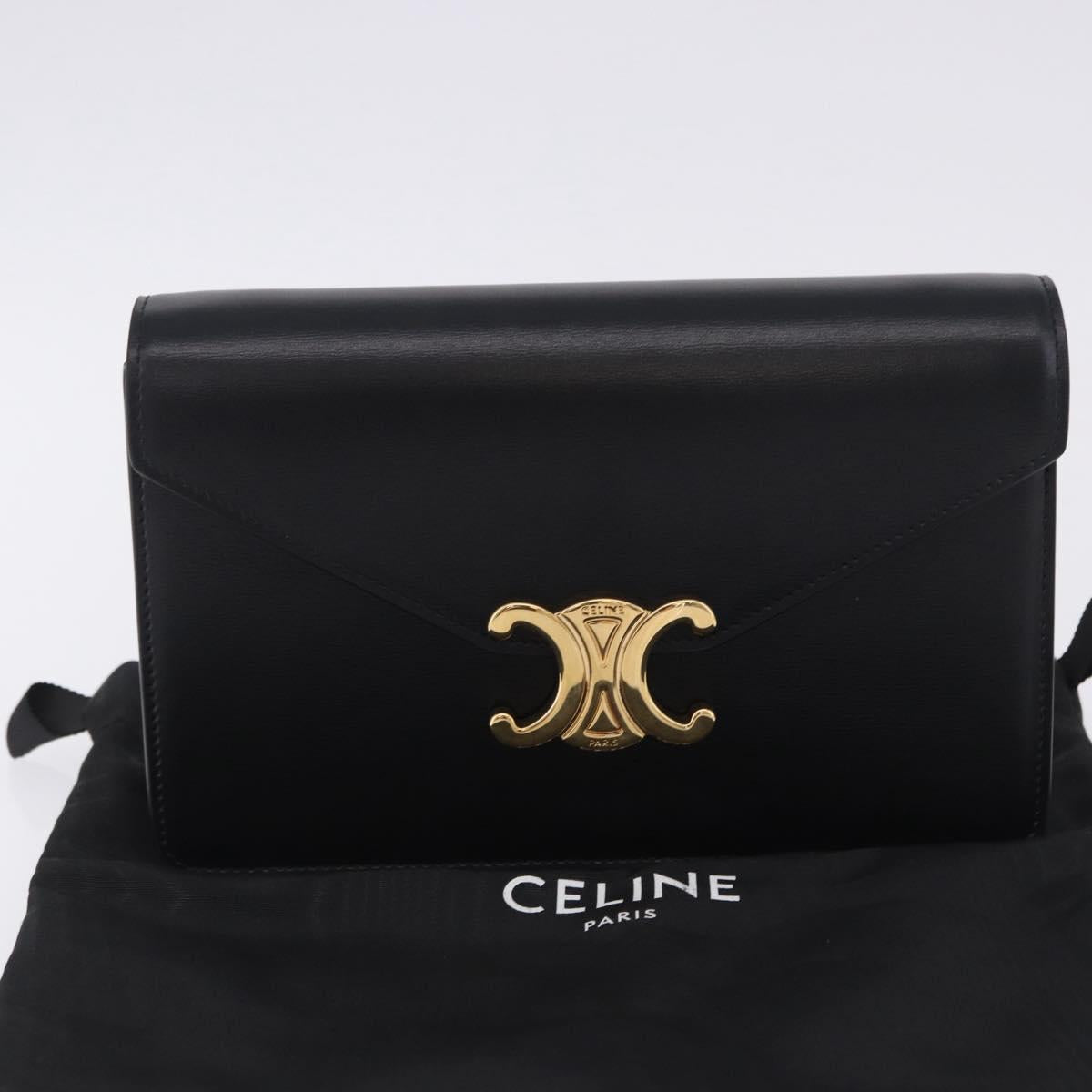 CELINE Triomphe Chain Shoulder Bag Leather Black Gold Tone Auth ka6199SAM