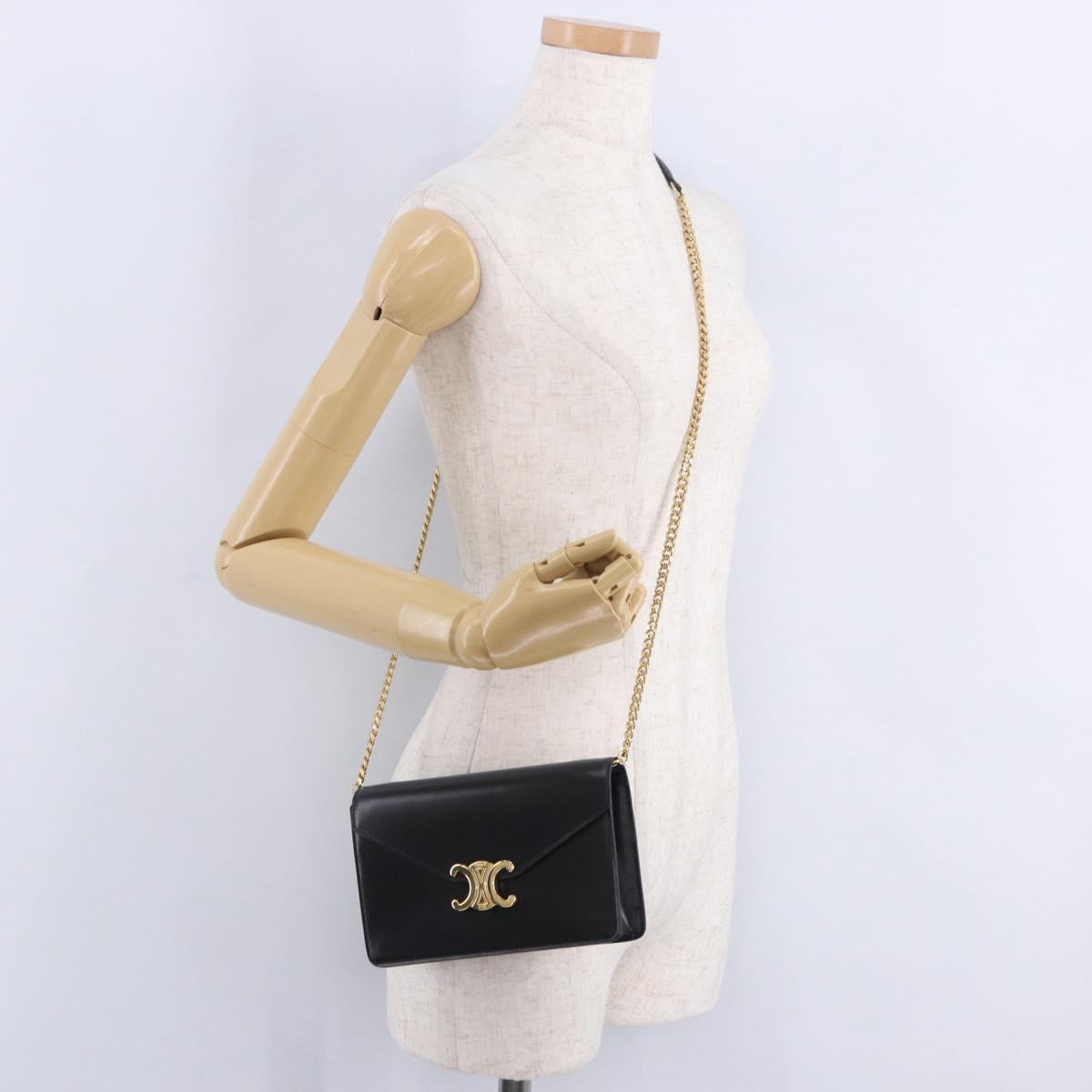 CELINE Triomphe Chain Shoulder Bag Leather Black Gold Tone Auth ka6199SAM