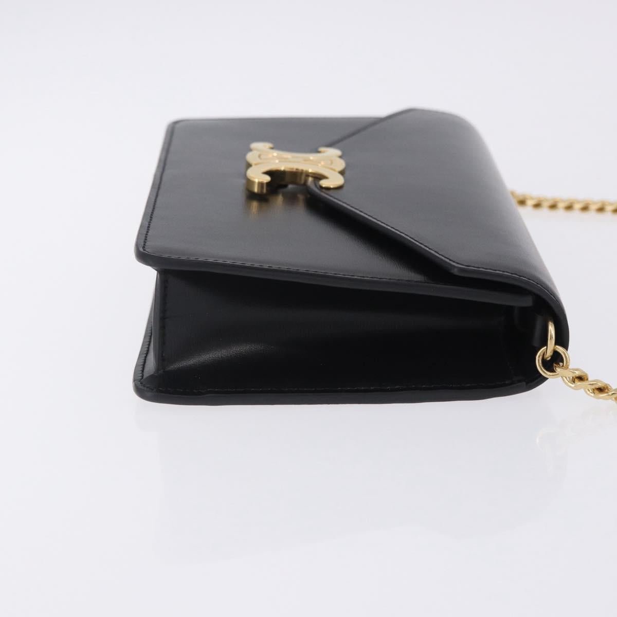 CELINE Triomphe Chain Shoulder Bag Leather Black Gold Tone Auth ka6199SAM