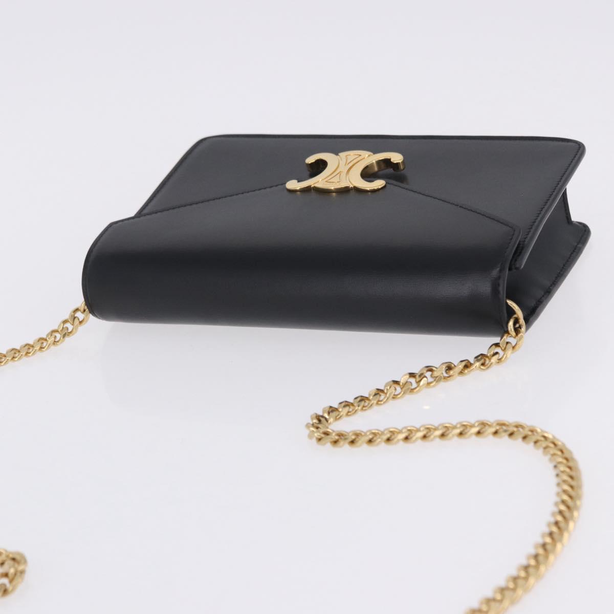 CELINE Triomphe Chain Shoulder Bag Leather Black Gold Tone Auth ka6199SAM