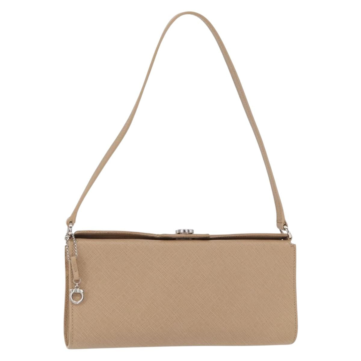 Salvatore Ferragamo Gancini Shoulder Bag Leather Beige Silver Auth ka620