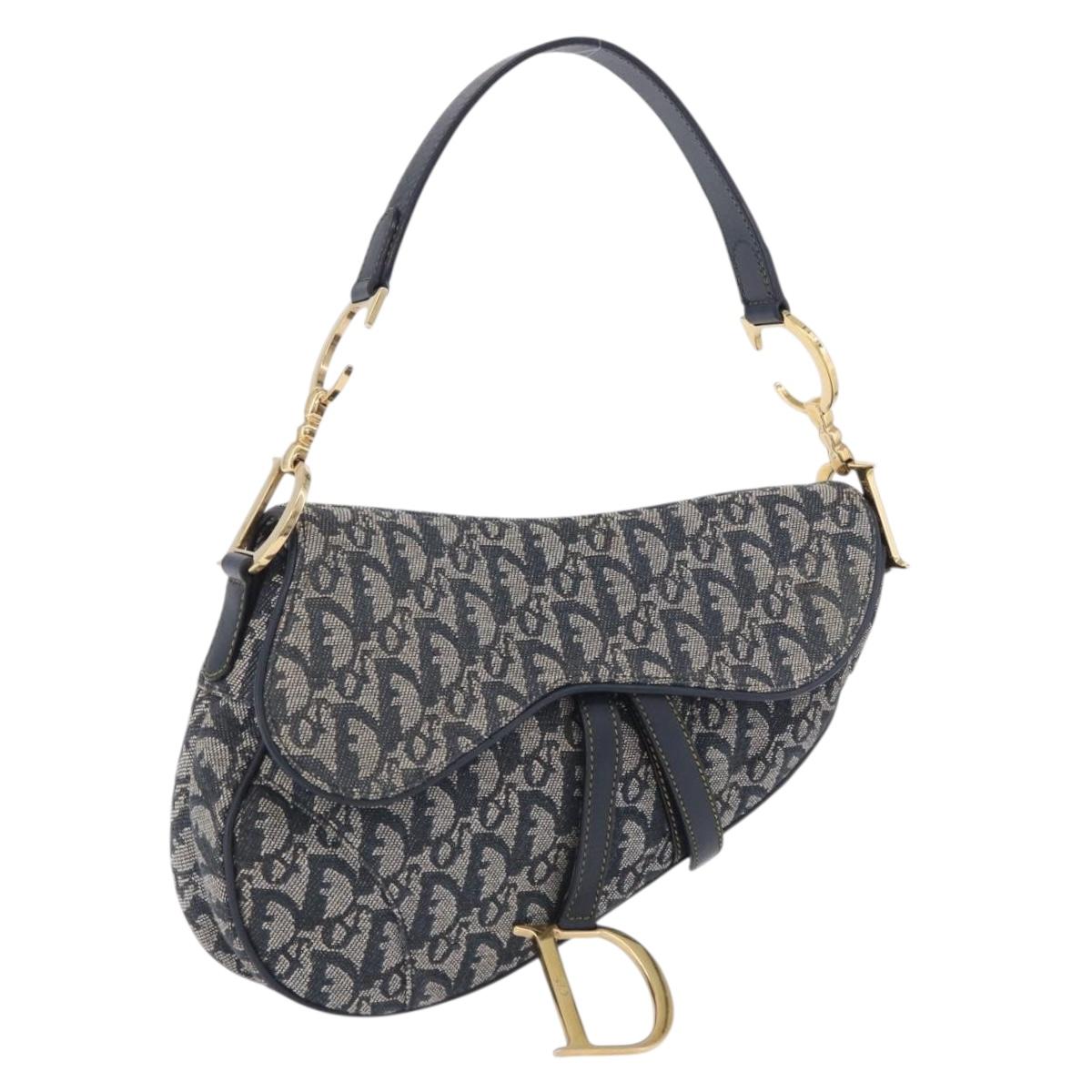 Christian Dior Trotter Canvas Saddle Shoulder Bag Navy Gold Tone Auth ka6200V
