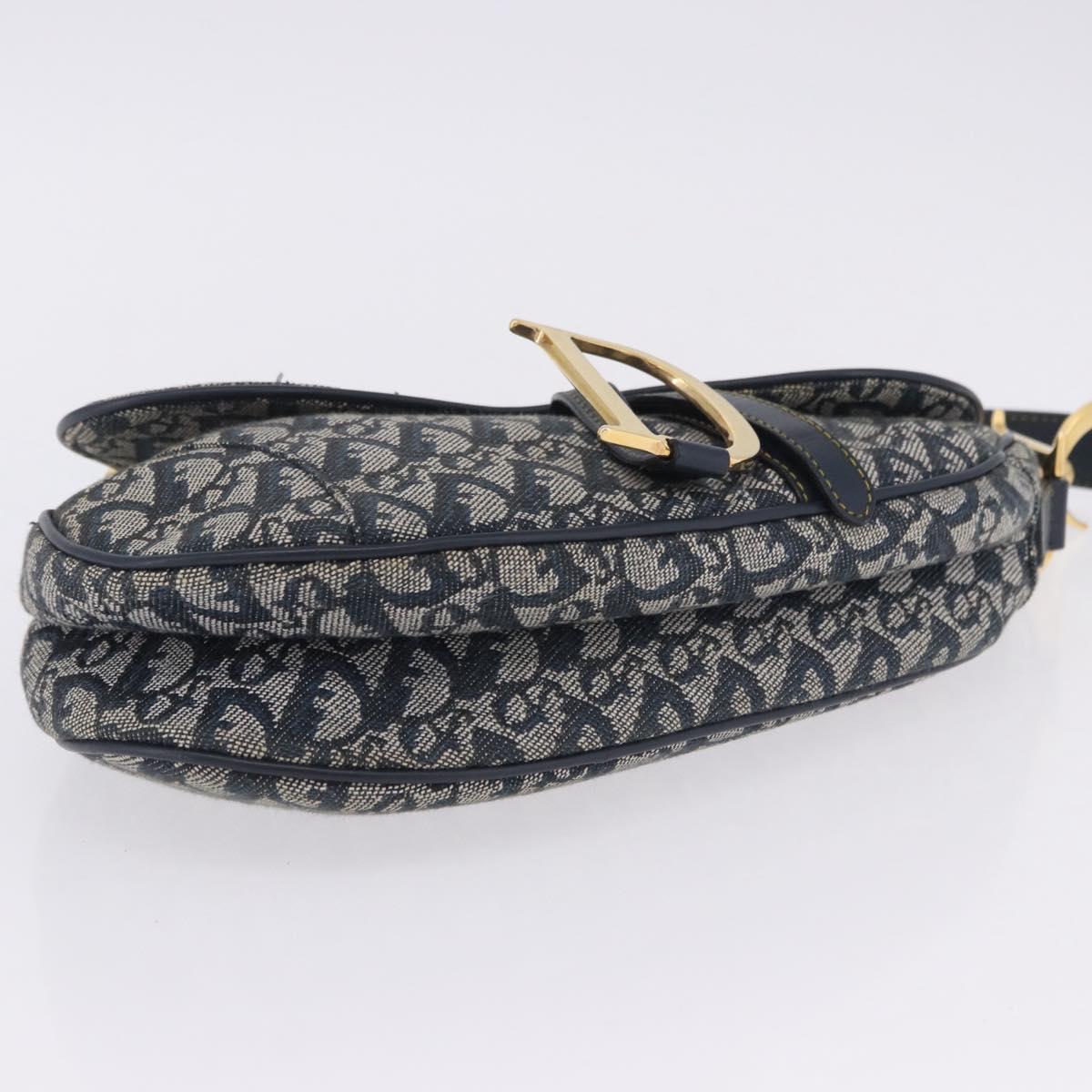 Christian Dior Trotter Canvas Saddle Shoulder Bag Navy Gold Tone Auth ka6200V