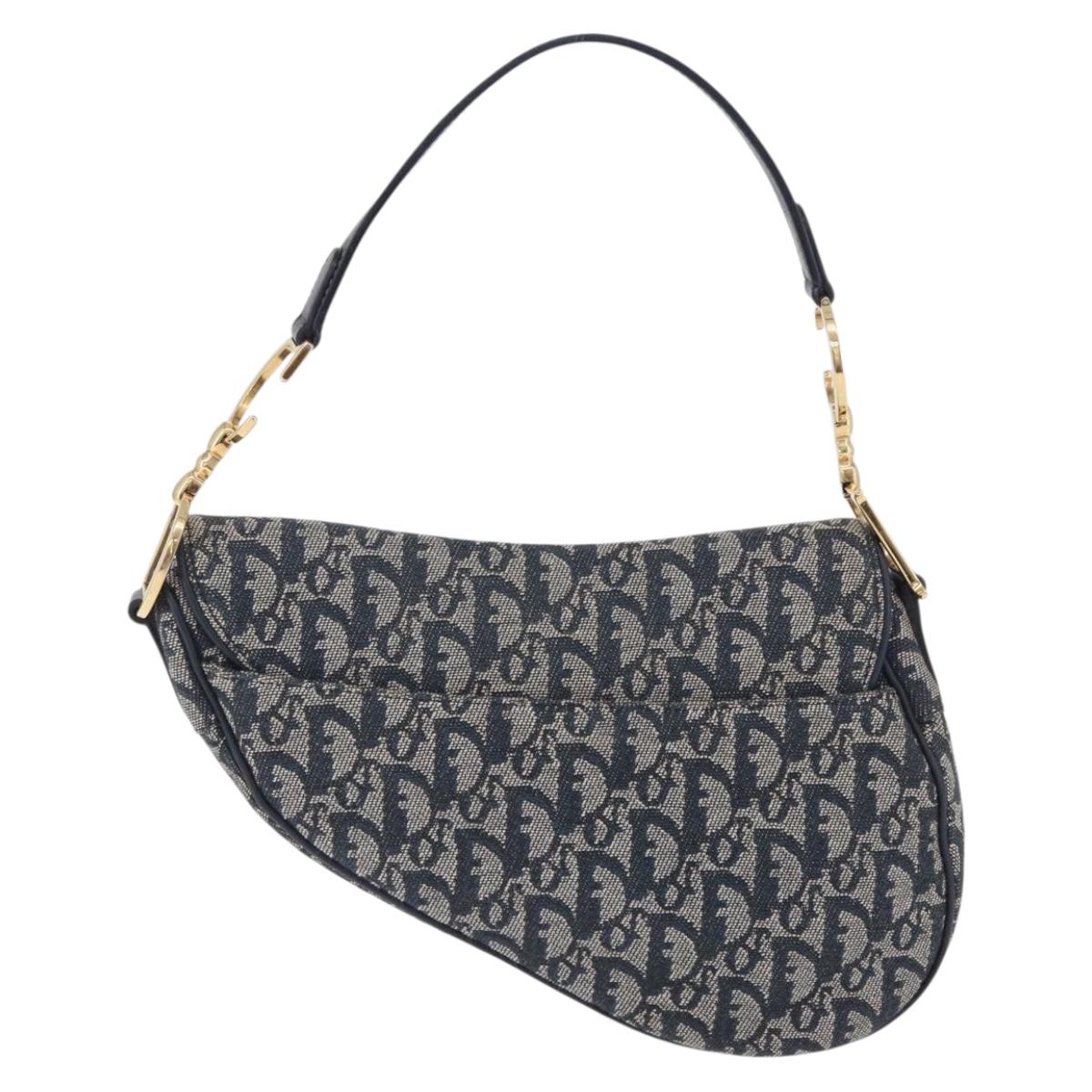 Christian Dior Trotter Canvas Saddle Shoulder Bag Navy Gold Tone Auth ka6200V