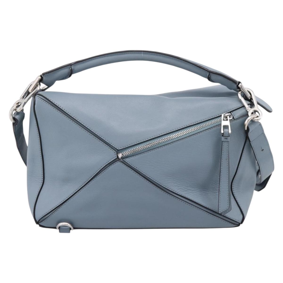 LOEWE Puzzle Bag Hand Bag Leather 2way Light Blue Silver Auth ka6201V
