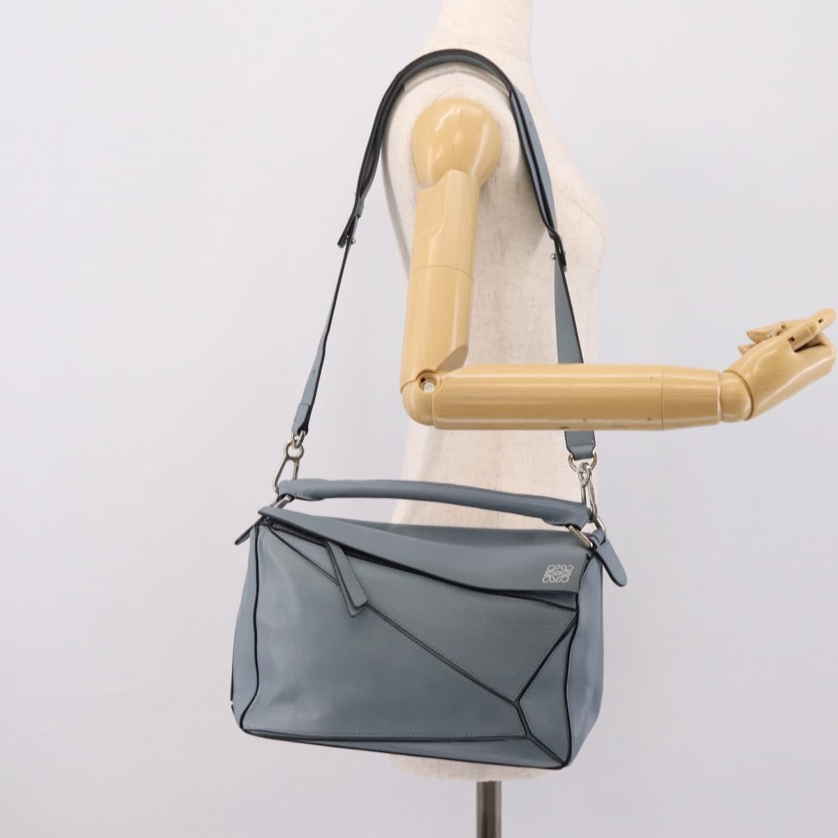 LOEWE Puzzle Bag Hand Bag Leather 2way Light Blue Silver Auth ka6201V