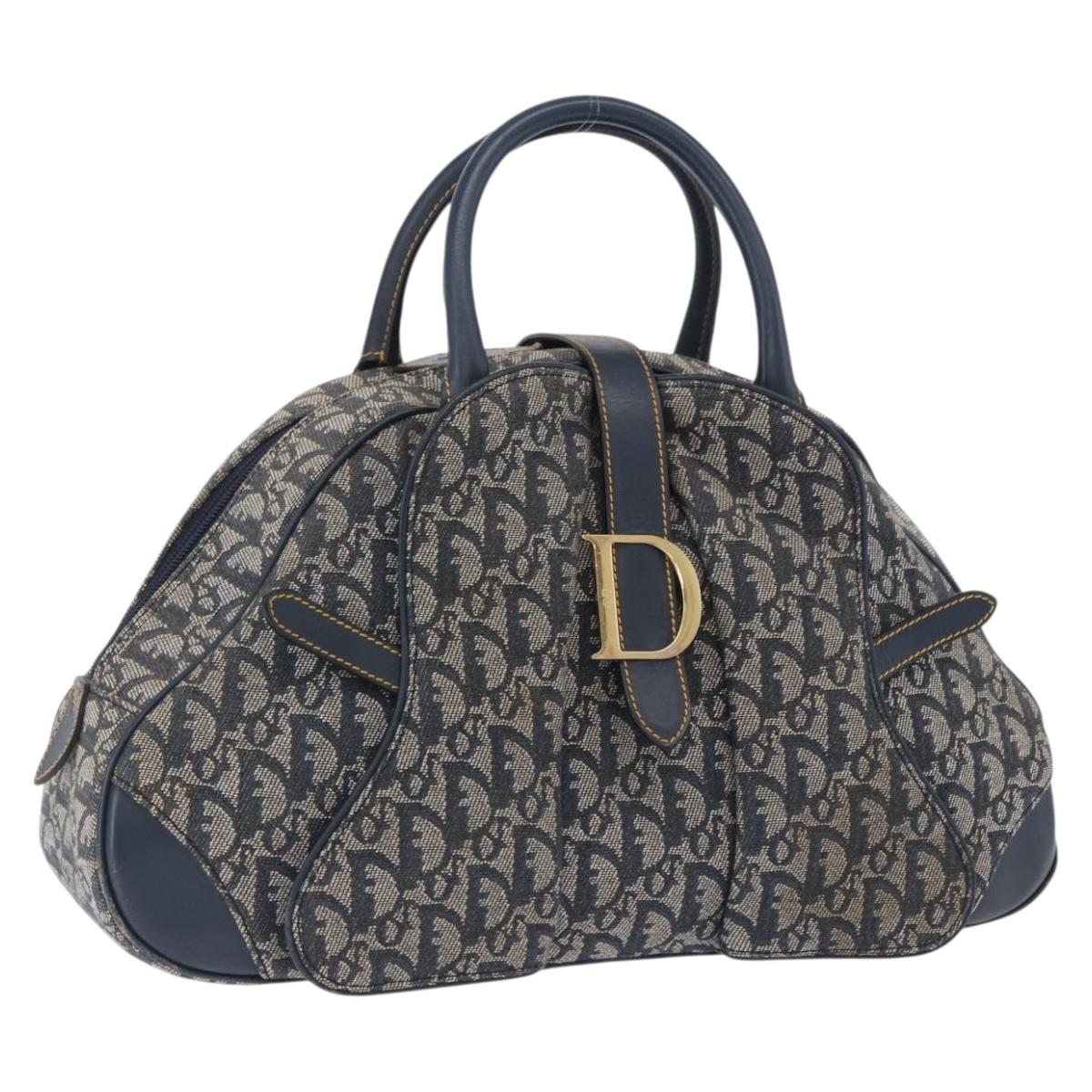 Christian Dior Trotter Canvas Double Saddle Hand Bag Navy Gold Tone Auth ka6207