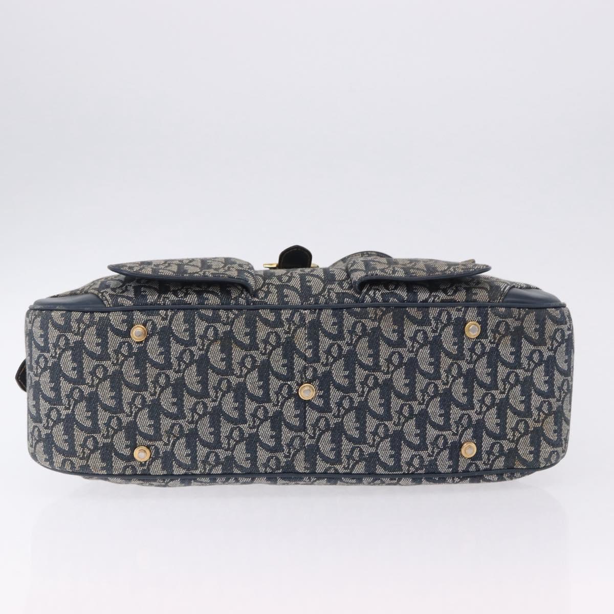 Christian Dior Trotter Canvas Double Saddle Hand Bag Navy Gold Tone Auth ka6207