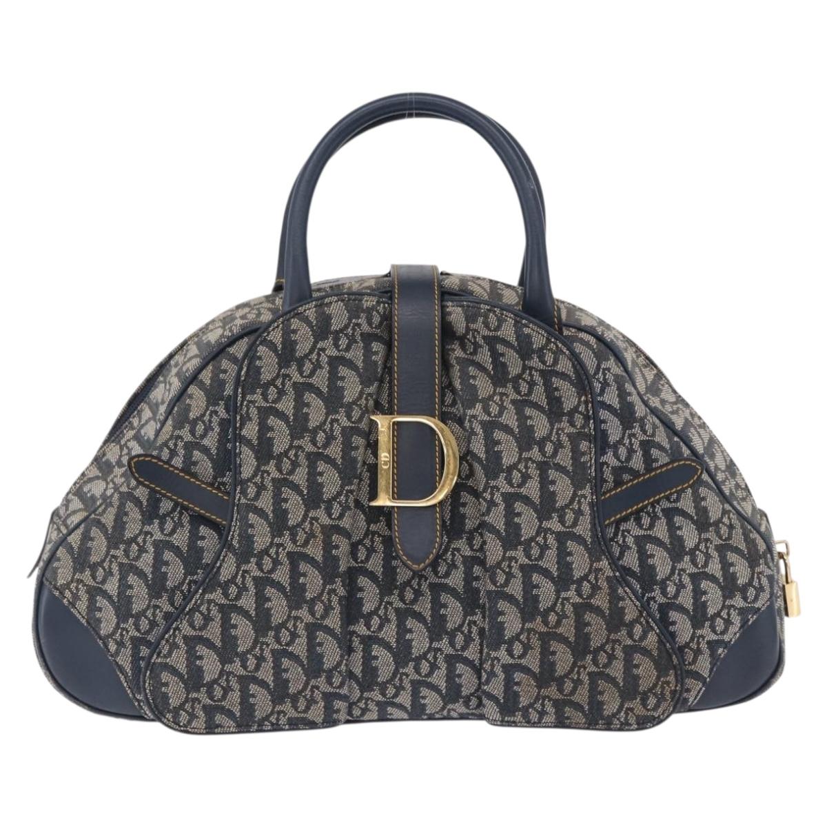 Christian Dior Trotter Canvas Double Saddle Hand Bag Navy Gold Tone Auth ka6207