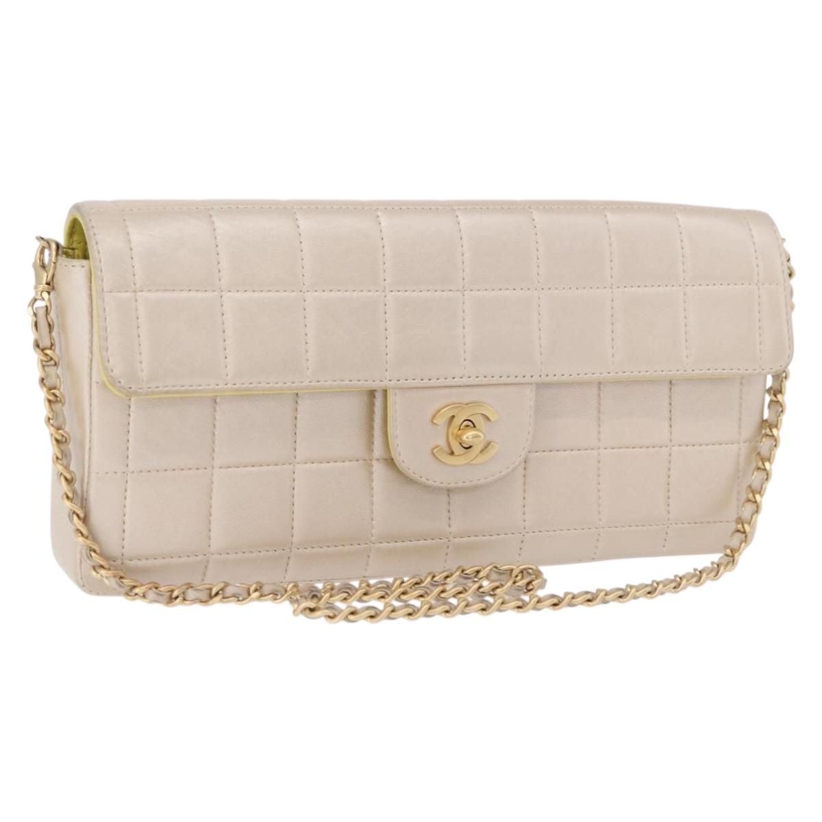 CHANEL Choco Bar Line Chain Shoulder Bag Lamb Skin Gold CC Auth ka6208V