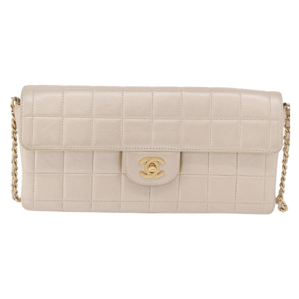 CHANEL Choco Bar Line Chain Shoulder Bag Lamb Skin Gold CC Auth ka6208V