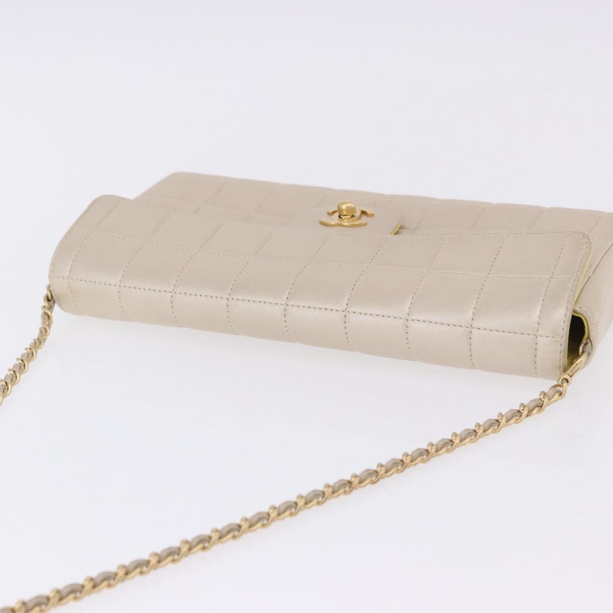 CHANEL Choco Bar Line Chain Shoulder Bag Lamb Skin Gold CC Auth ka6208V