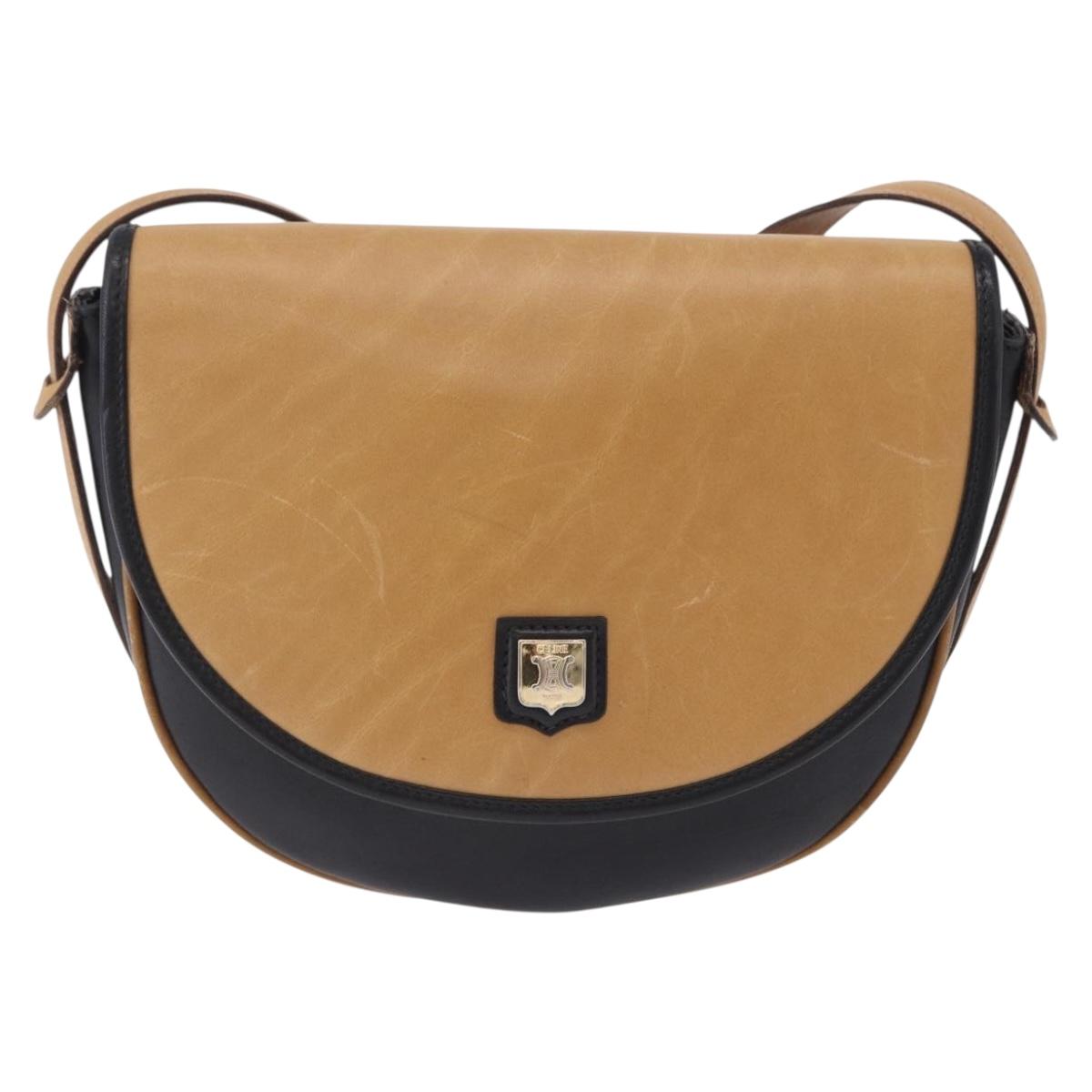CELINE Shoulder Bag Leather Beige Gold Tone Auth ka6215
