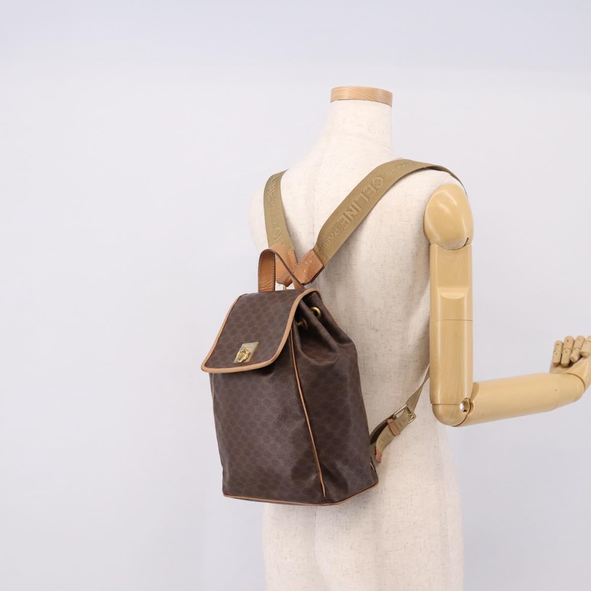 CELINE Macadam Backpack PVC Leather Brown Gold Tone Auth ka6222